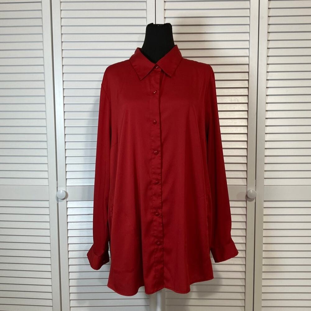 Joan Rivers Classic Collared Crimson Red Silky Flowy Tunic Boyfriend Shirt XL